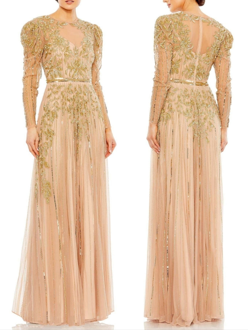 Mac Duggal 93638 Nude Gold Beaded Tulle A-Line Pleated Gown Maxi Dress 20 NWT